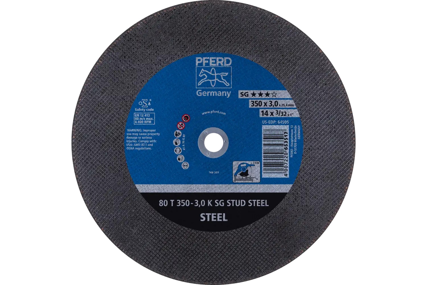 Picture of Pferd Portable Cut-Off Wheel, 14" X 3/32 X 1, Sg Stud Steel, T1, Aluminum Oxide